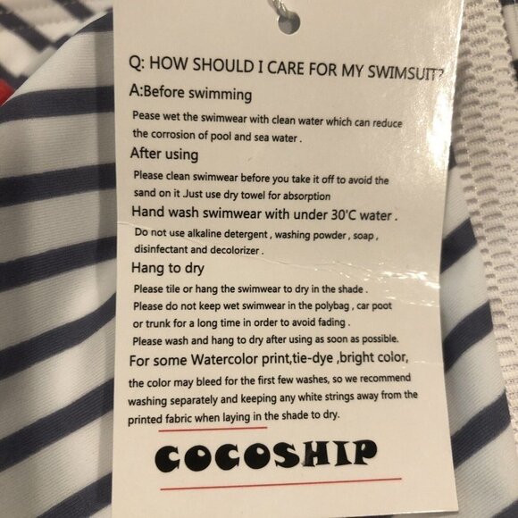 Cocoship Pom Pom Trim Striped High Waist Bikini Set White Light Slate Blue 8 New - Picture 11 of 11